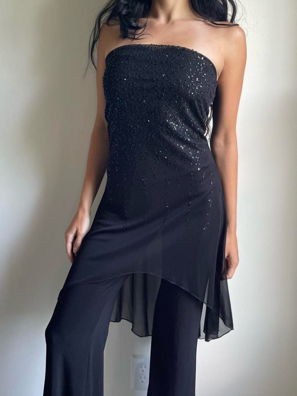 Xi Vintage Beaded Jumpsuit with Sheer Overlay